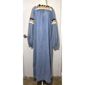 Shift Blue Chambray Long Sleeve Cotton Maxi Dress Sz S Boho Wavy Scalloped Trim